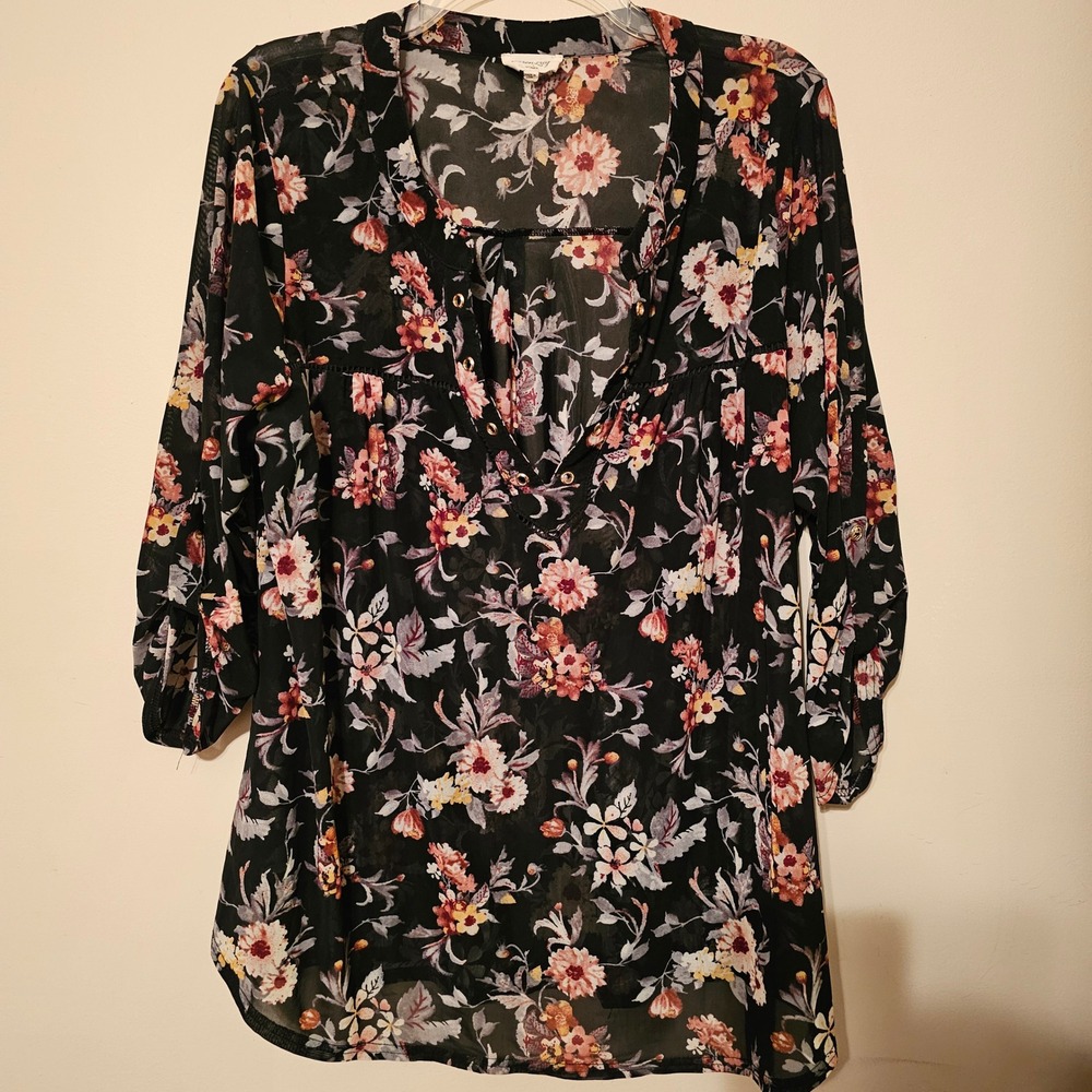 Siren Lily Womens 2X Black Floral Mesh Blouse Grommet Neck Roll Sleeve ST6466X
